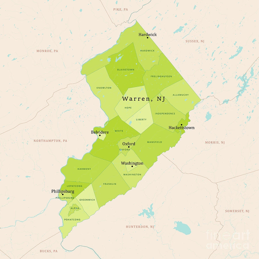 NJ Warren County Vector Map Green By Frank Ramspott