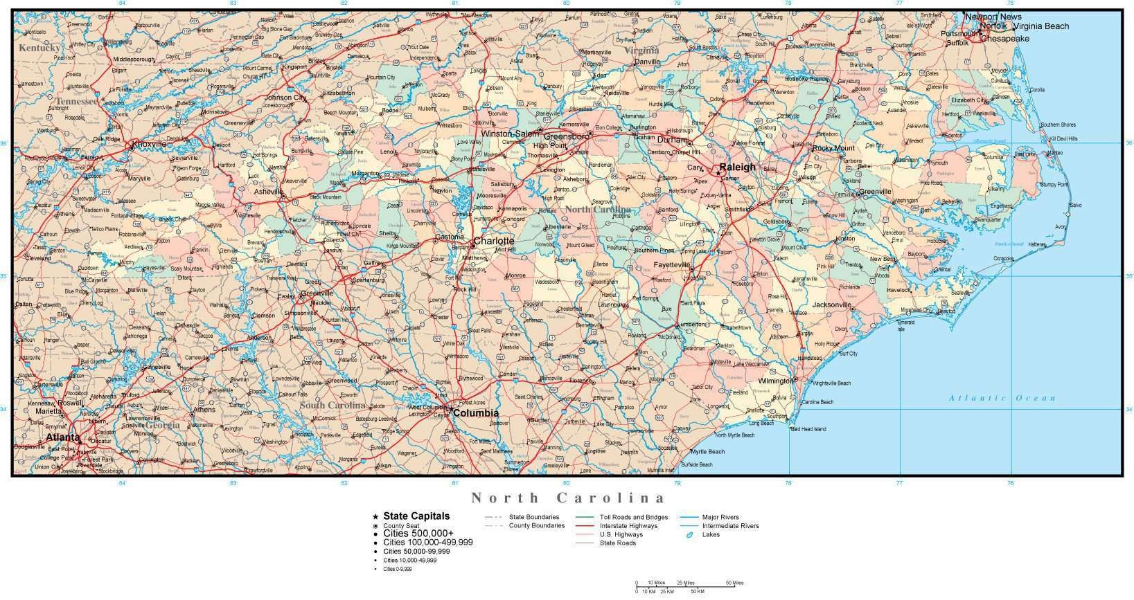 North Carolina Adobe Illustrator Map With Counties Cities County Seats Major Roads