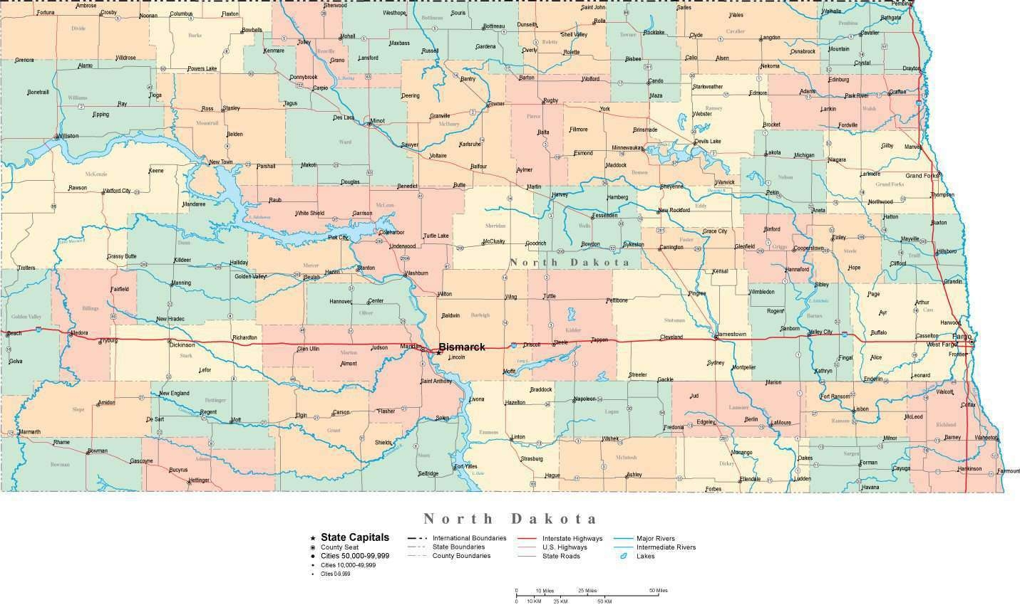 North Dakota Digital Vector Map With Counties Major Cities Roads Rivers Lakes