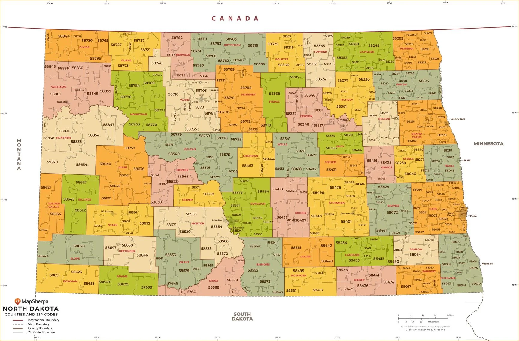 North Dakota Zip Code Map With Counties American Map Store