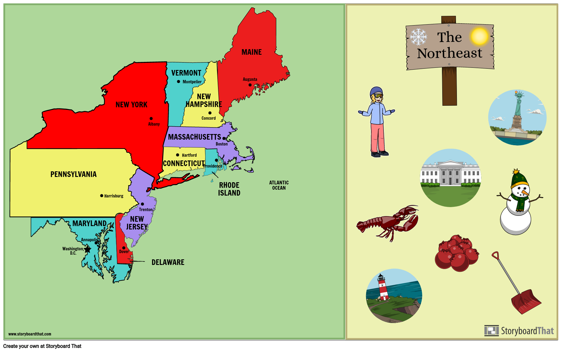 northeast states and capitals map printable