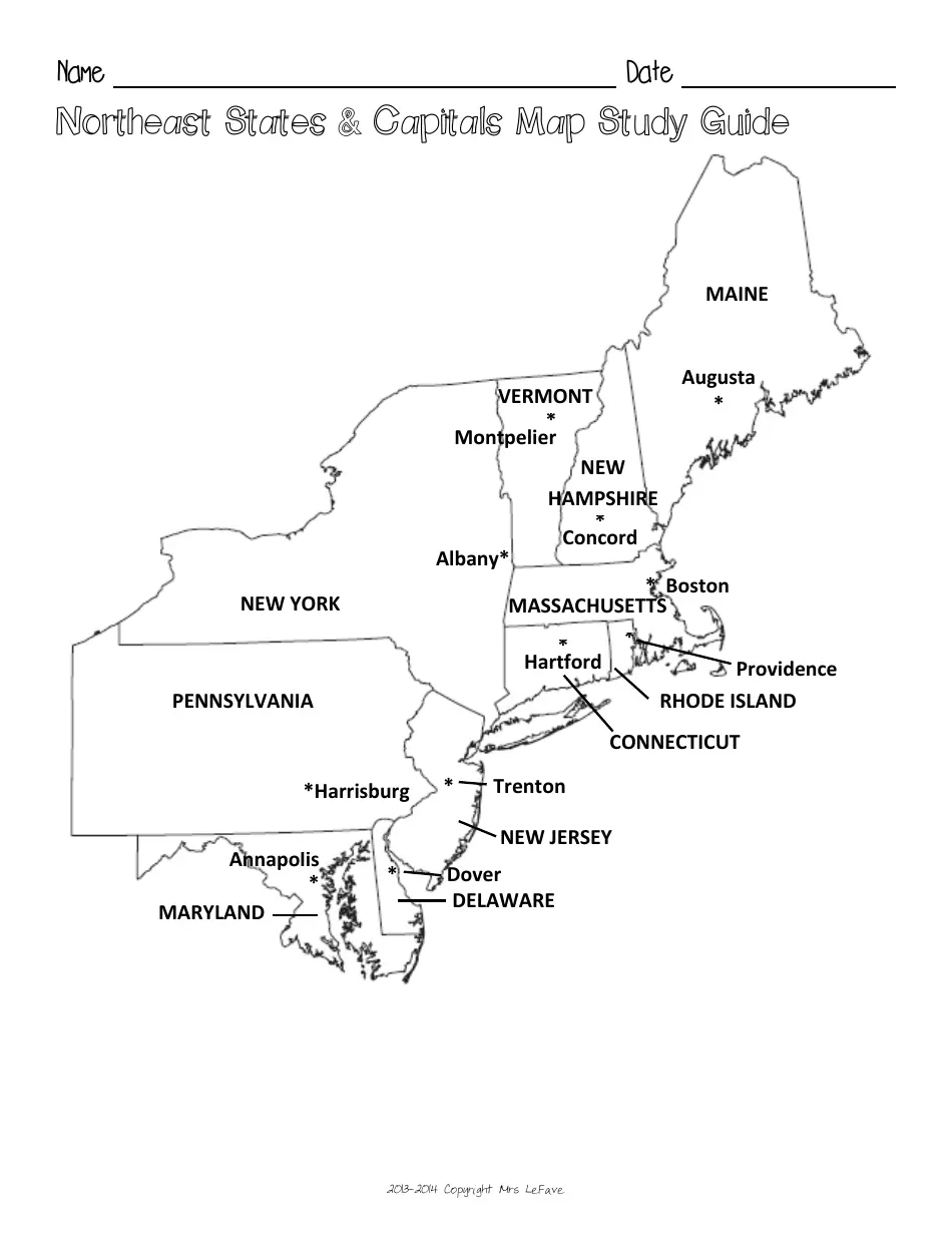 Northeast States Capitals Map Worksheet And Flashcards Download Printable PDF Templateroller