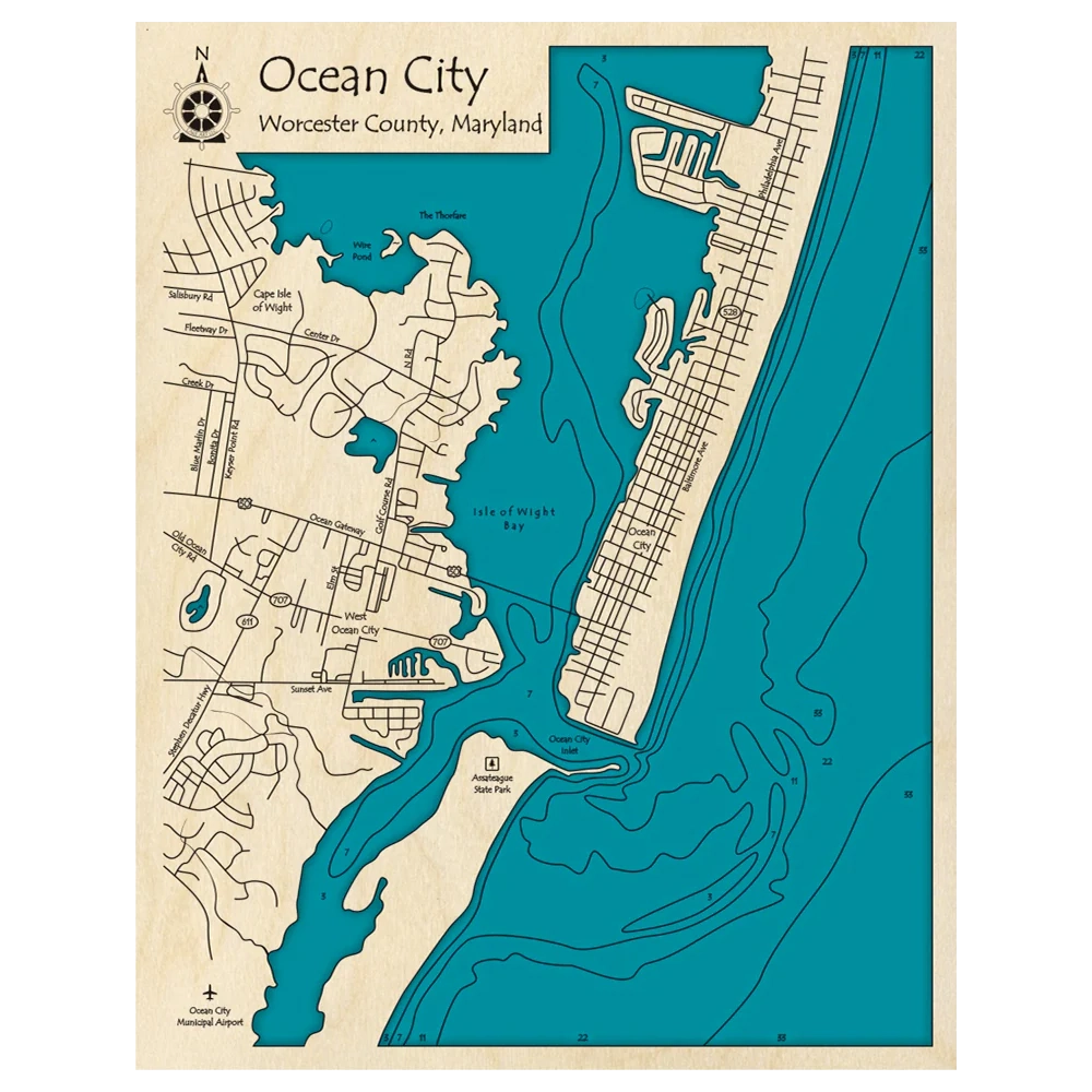 Ocean City Maryland 3D Custom Wood Map Lake Art LLC