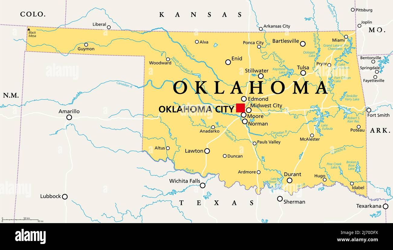 Oklahoma OK Political Map With Capital Oklahoma City Important Cities Rivers And Lakes US State In The South Central Region Native America Stock Photo Alamy