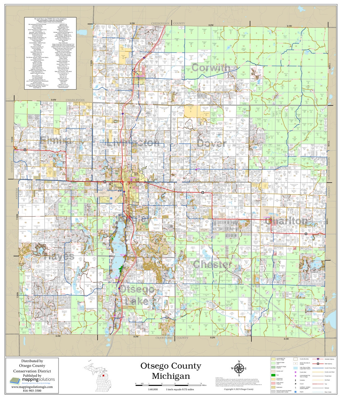 Otsego County Michigan 2023 Wall Map Mapping Solutions