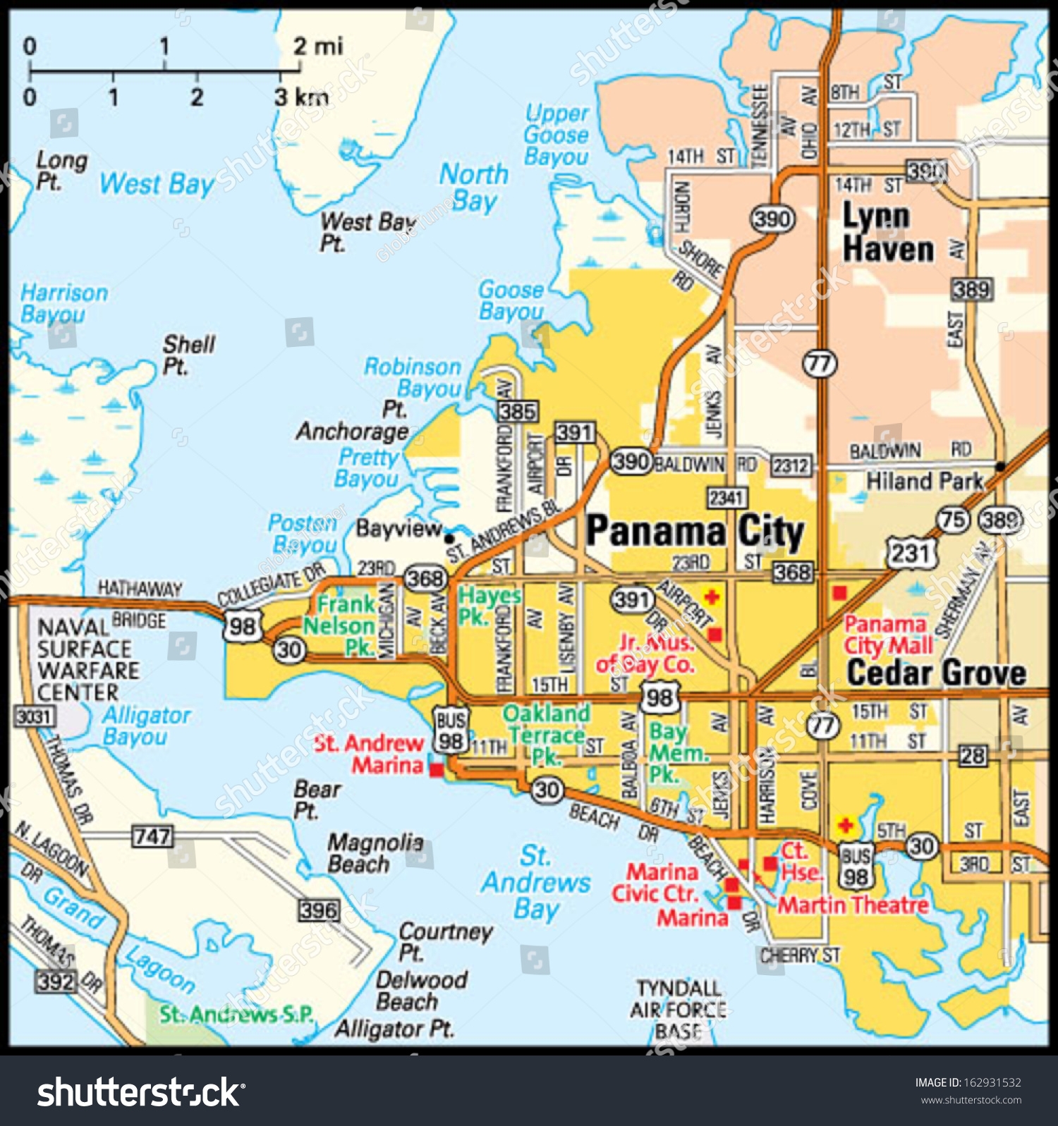 Panama City Florida Area Map Stock Vector Royalty Free 162931532 Shutterstock