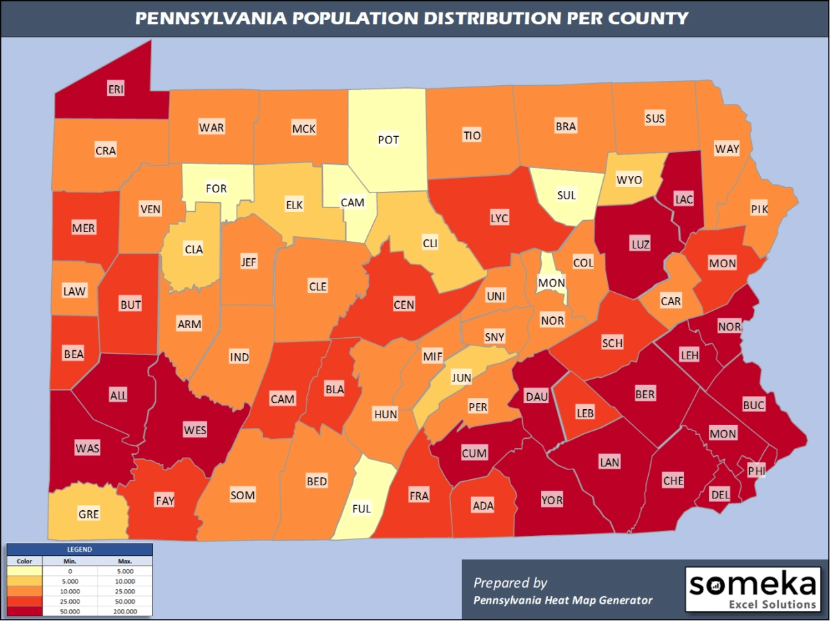 Pennsylvania County Map And Population List In Excel