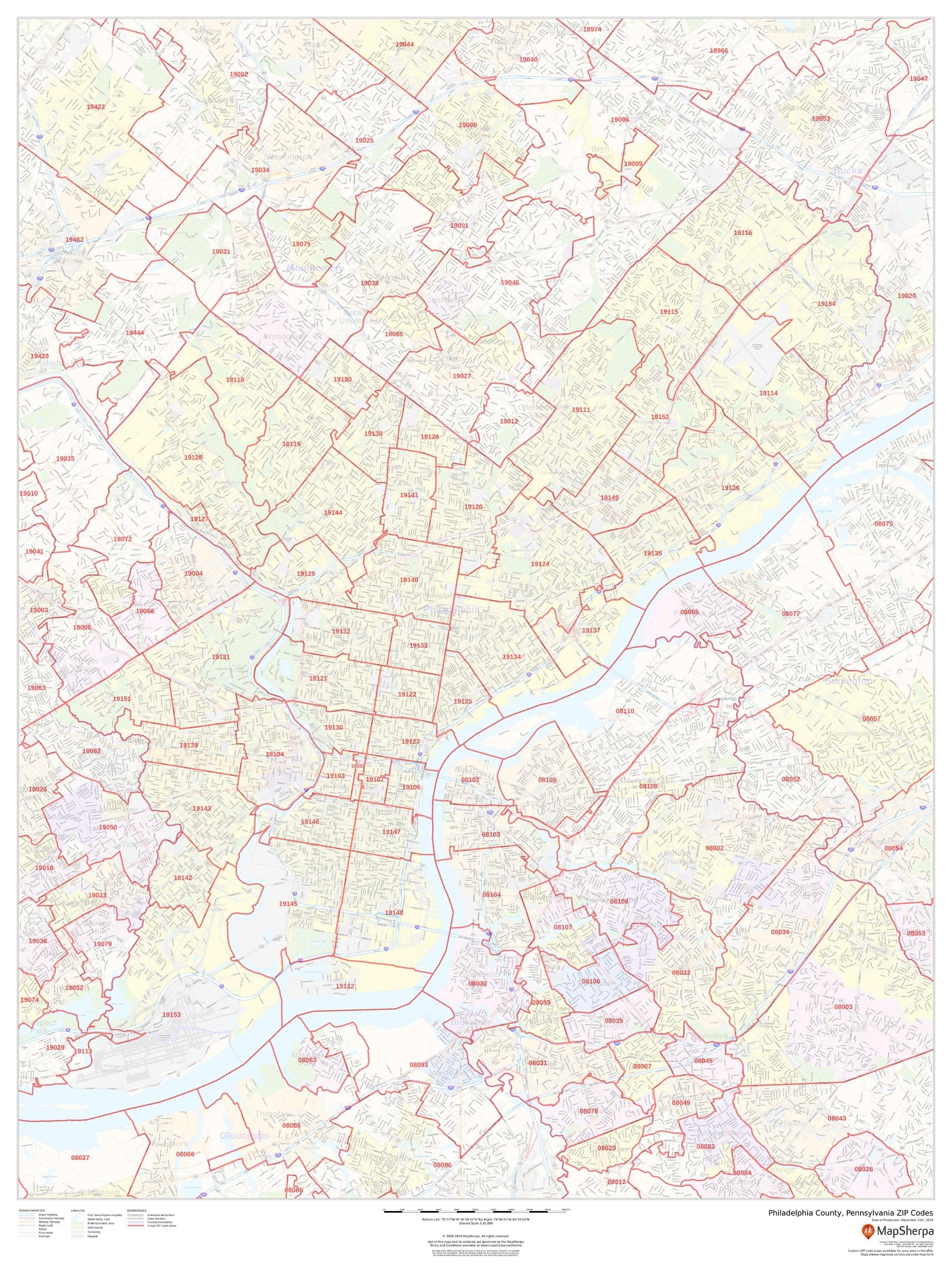 Philadelphia County Pennsylvania ZIP Codes Wall Map