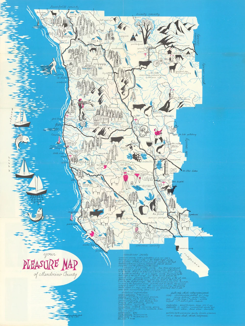 Pictorial Tourist Pleasure Map Of Mendocino County California 24 x18 C1960 Antiquemapsandprints