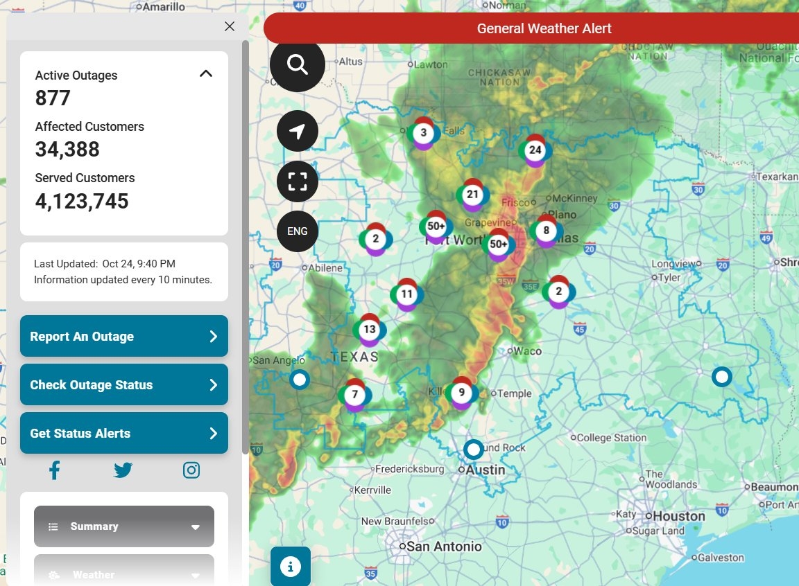 POWER OUTAGES More Than 34 000 Oncor Customers Are Without Power As Storms Move Through North Texas According To The Company s Outage Map Nearly All Of The Reports Are In Tarrant County 