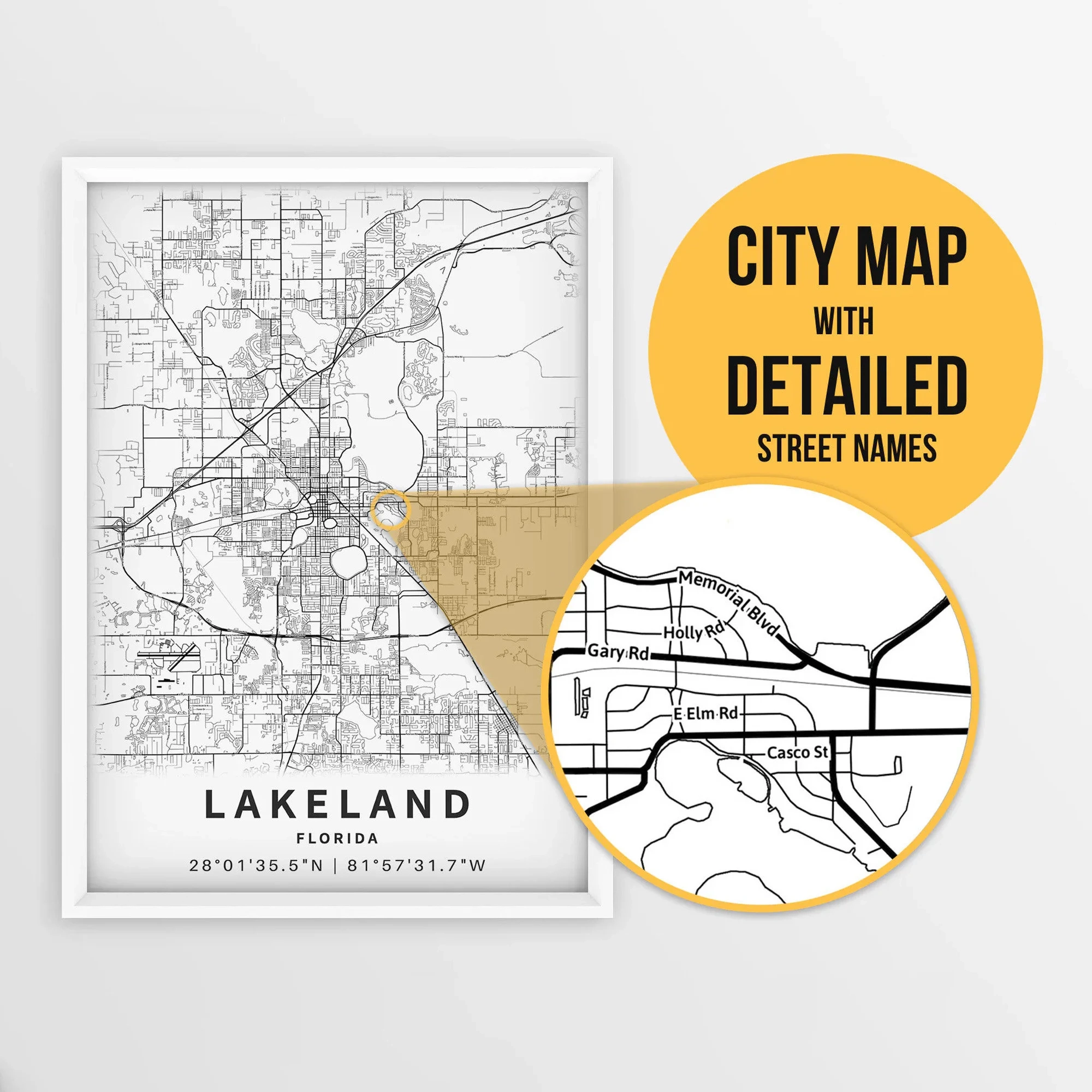 Printable Map Of Lakeland Florida USA With Street Names Instant Download City Map Travel Gift City Poster Road Map Print Etsy