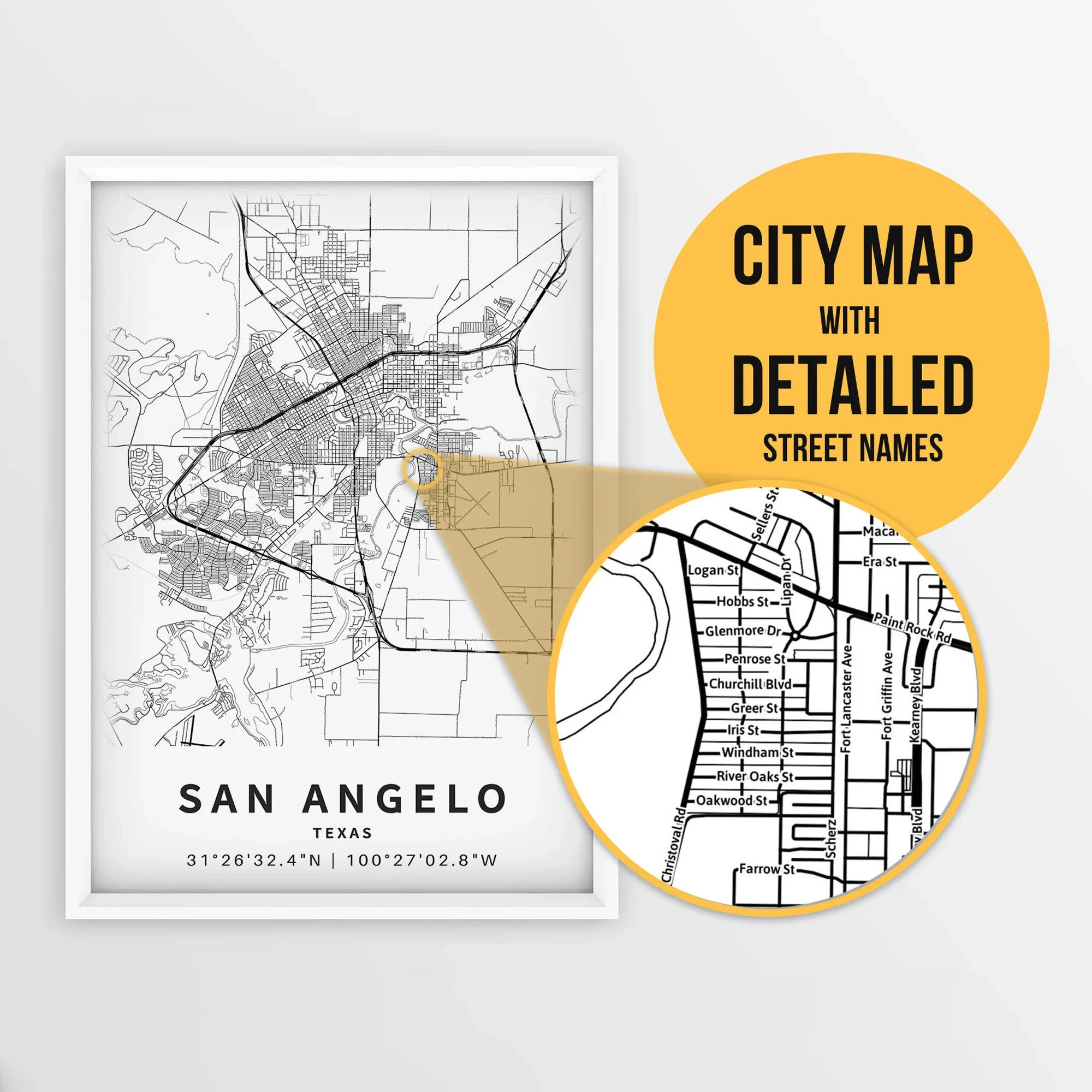 Printable Map Of San Angelo Texas USA With Street Names Instant Download City Map Travel Gift City Poster Road Map Print Etsy