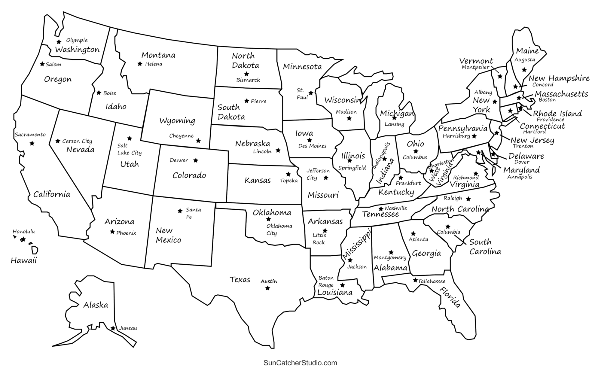 printable map of us states and capitals