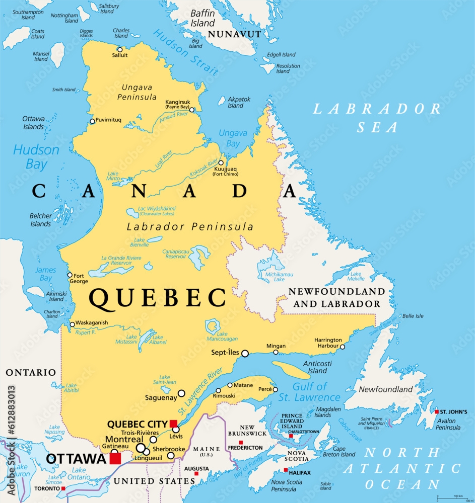 Quebec Largest Province In The Eastern Part Of Canada Political Map Largest Province Located In Central Canada With Capital Quebec City And Largest City Montreal Along The St Lawrence River Stock Vector 