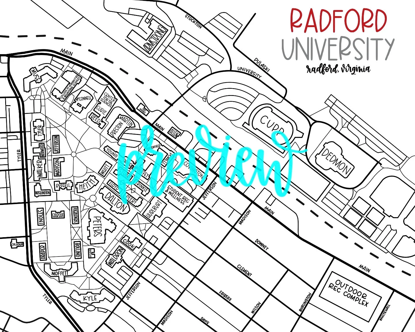 Radford University Campus Map Etsy