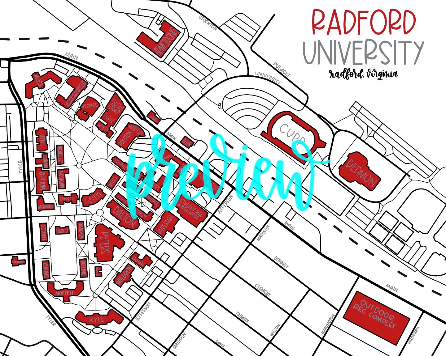 Radford University Campus Map Etsy