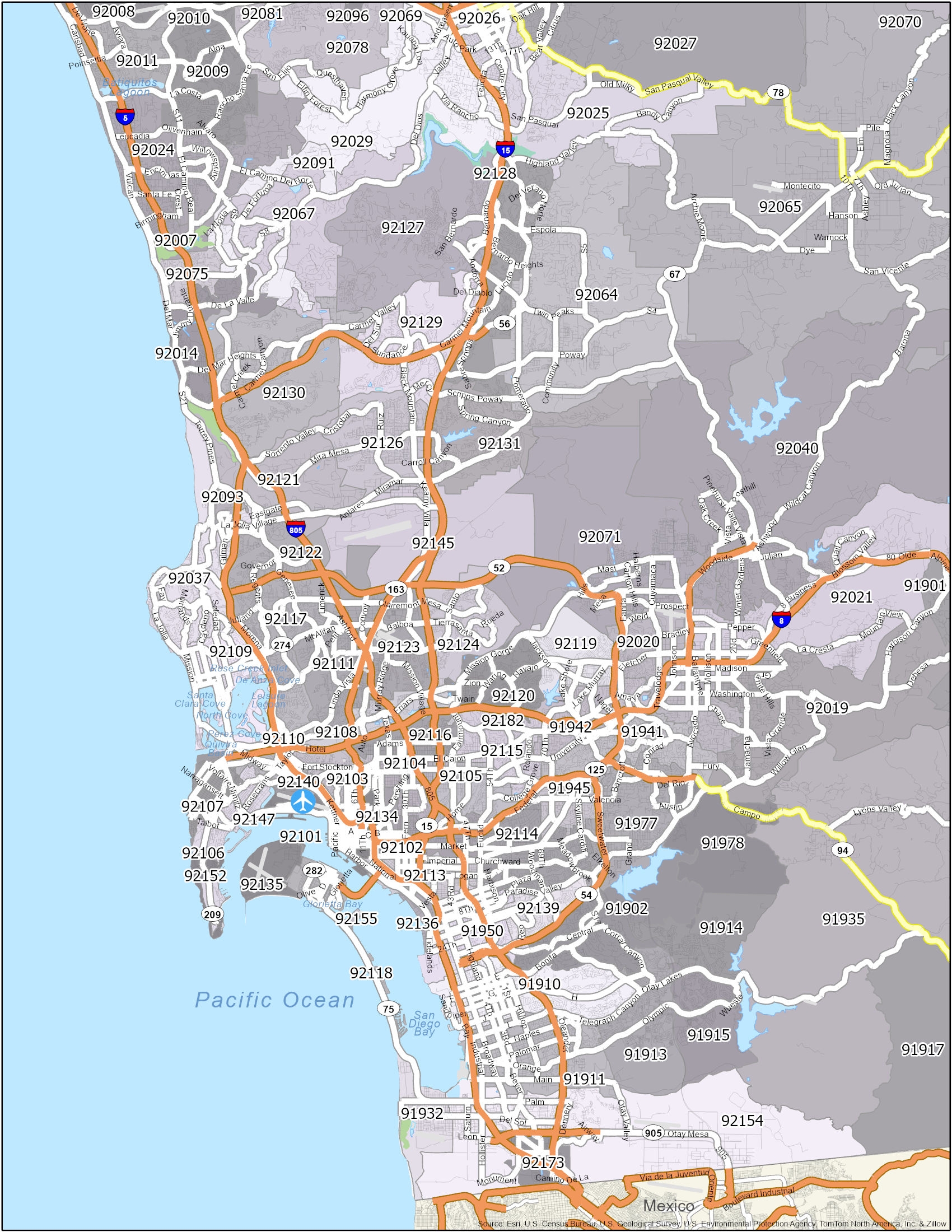 san diego county zip codes map