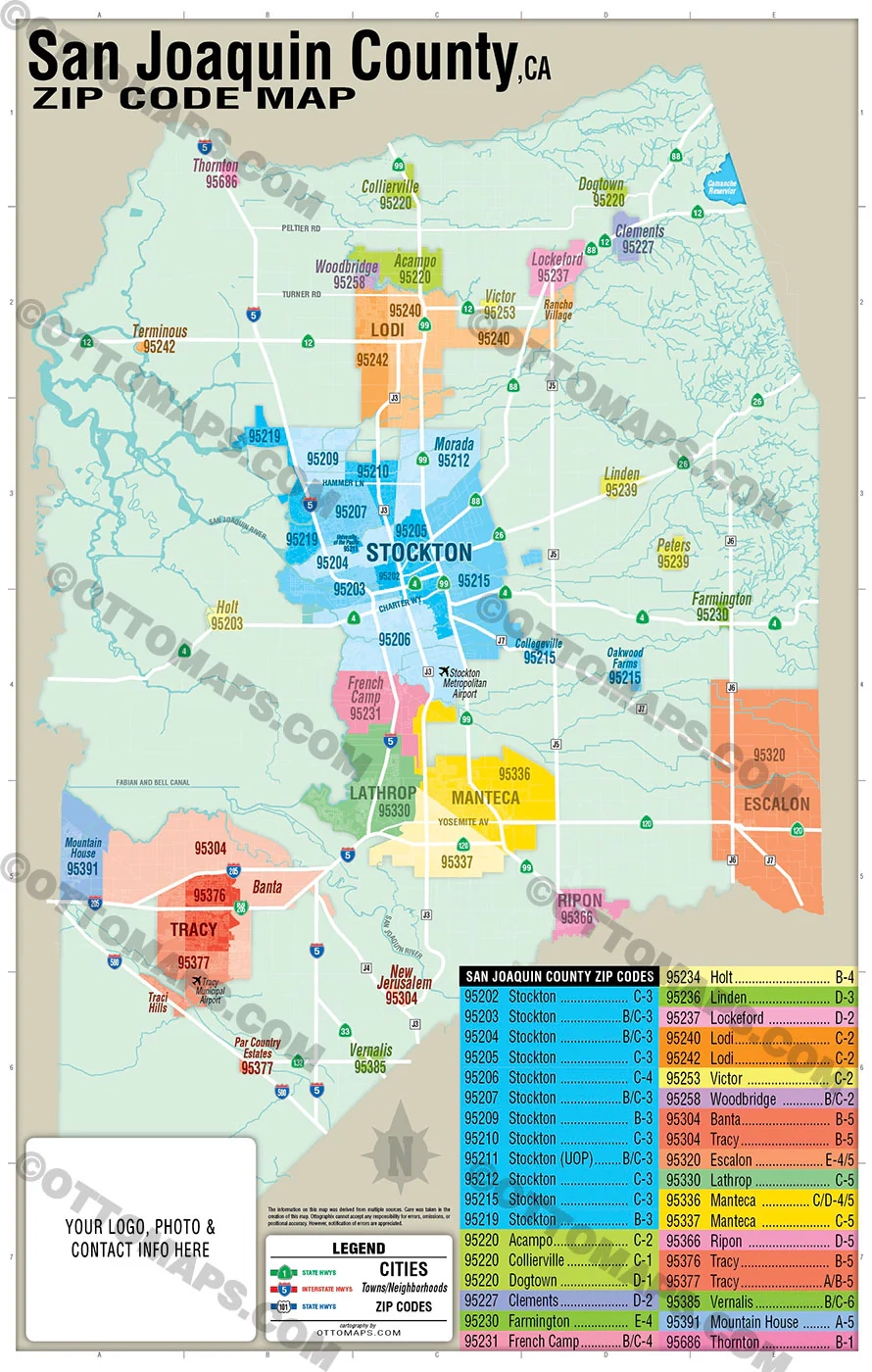 San Joaquin County Zip Code Map FILES PDF And AI Editable Vector Otto Maps
