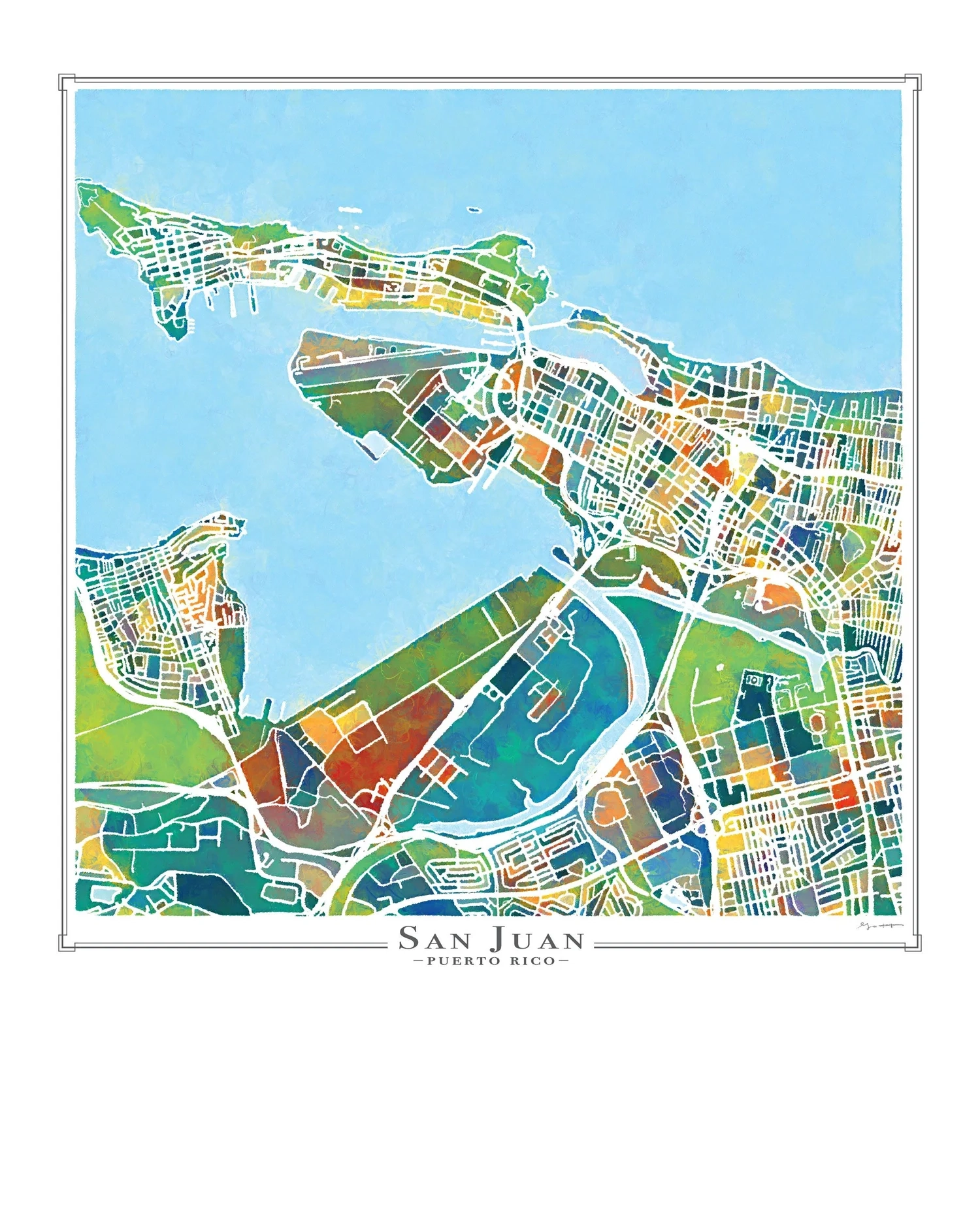 San Juan Puerto Rico City Map Painted Art Print Barry Gott Author Illustrator
