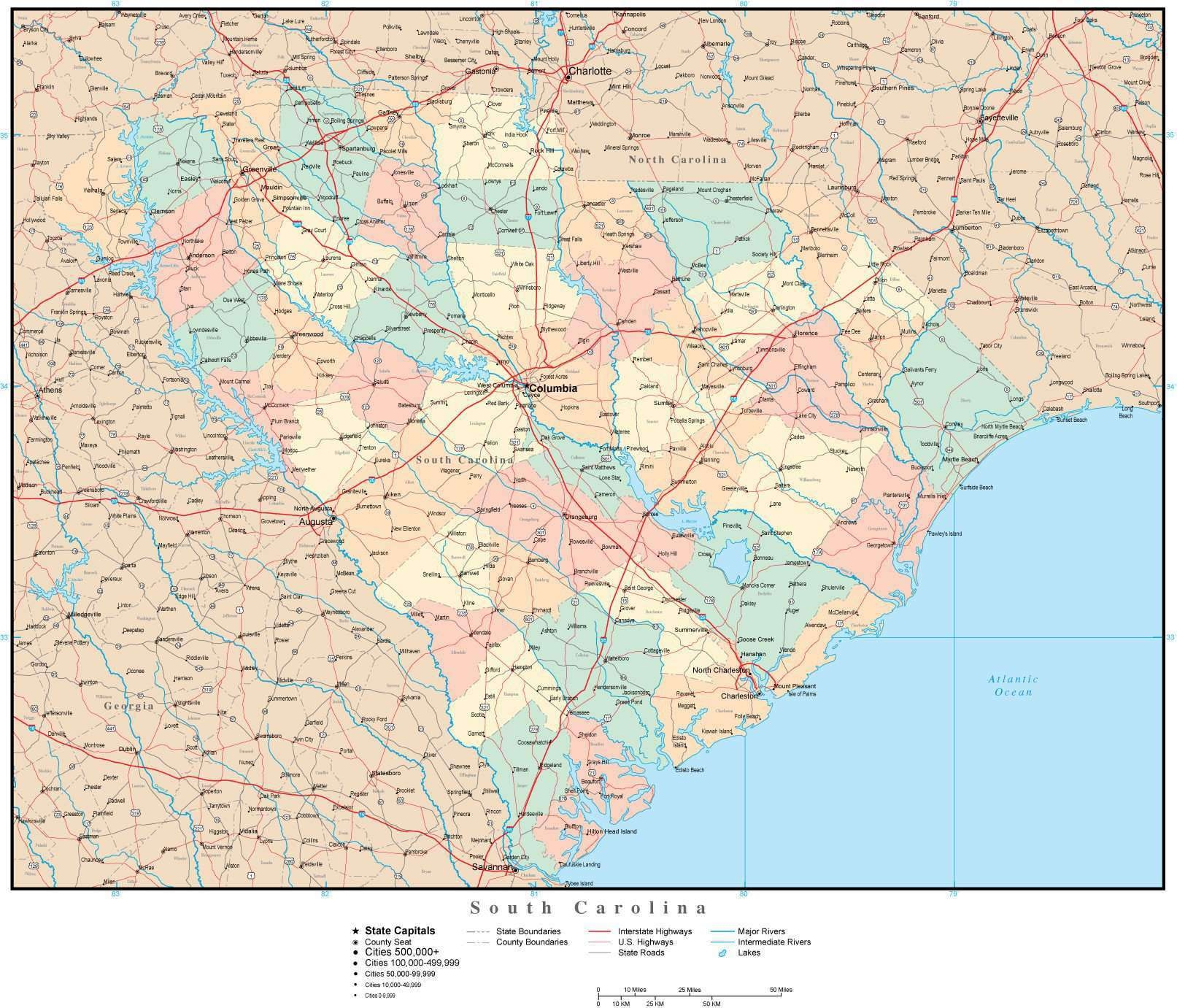 South Carolina Adobe Illustrator Map With Counties Cities County Seats Major Roads