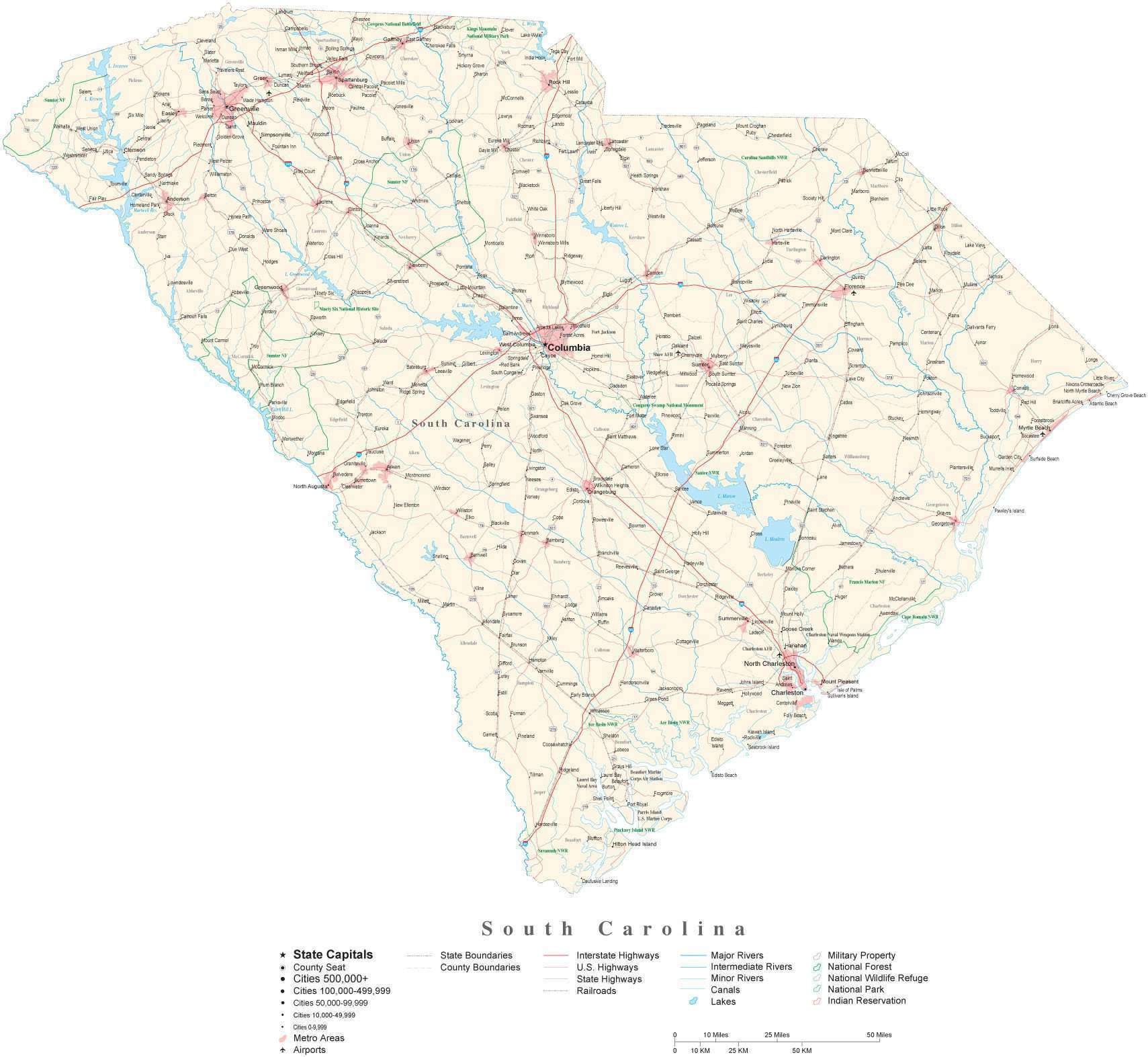 South Carolina Detailed Cut Out Style State Map In Adobe Illustrator Vector Format Detailed Editable Map From Map Resources