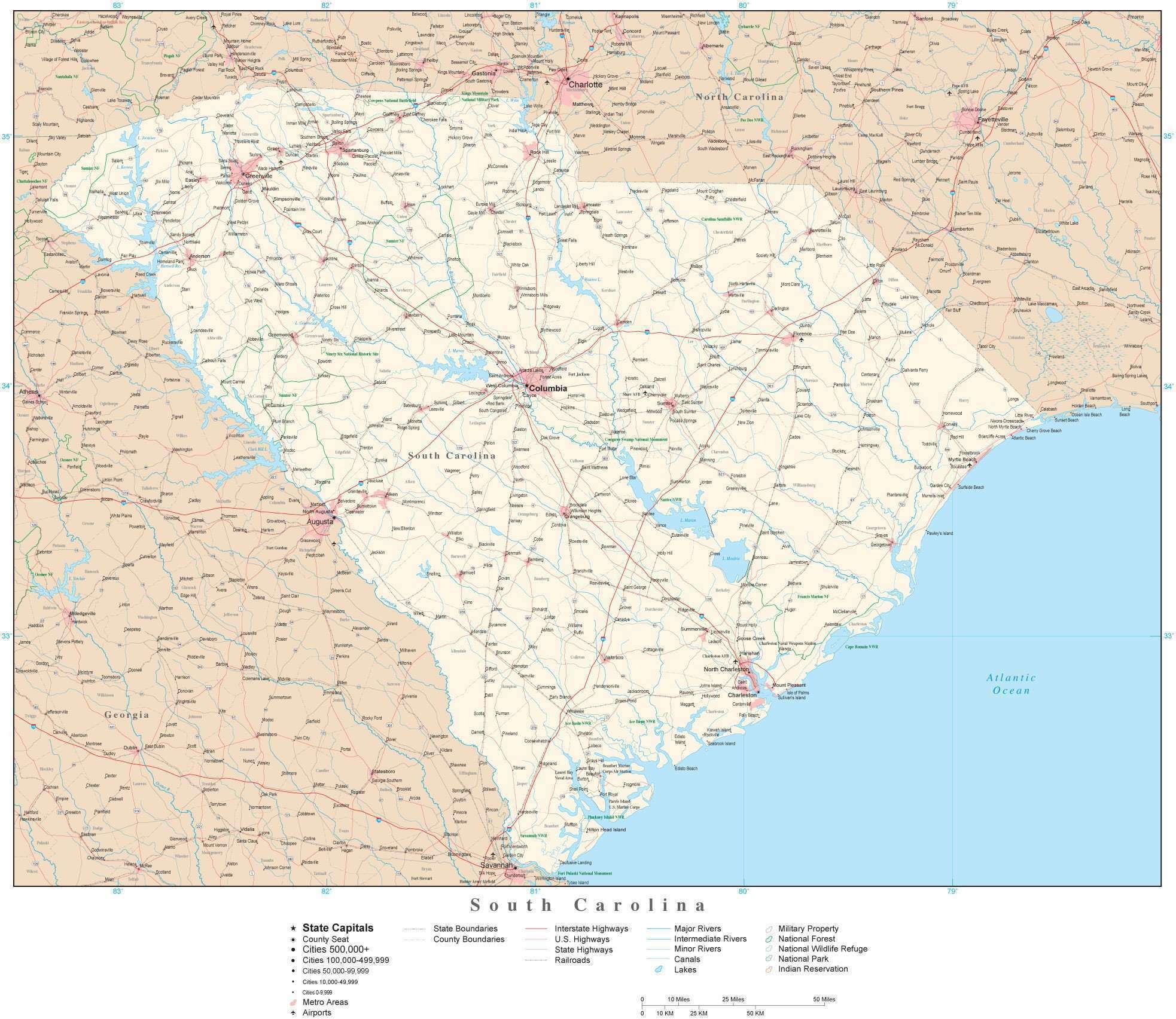 South Carolina Detailed Map In Adobe Illustrator Vector Format Detailed Editable Map From Map Resources 