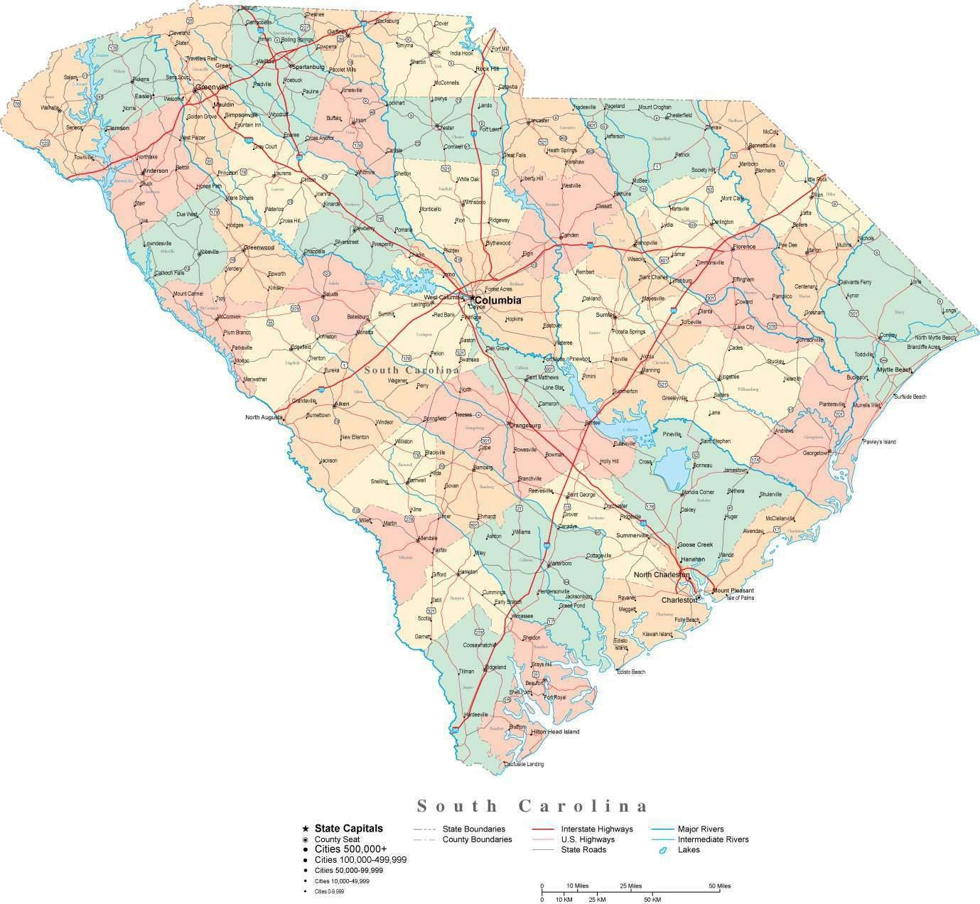 South Carolina Digital Vector Map With Counties Major Cities Roads Rivers Lakes