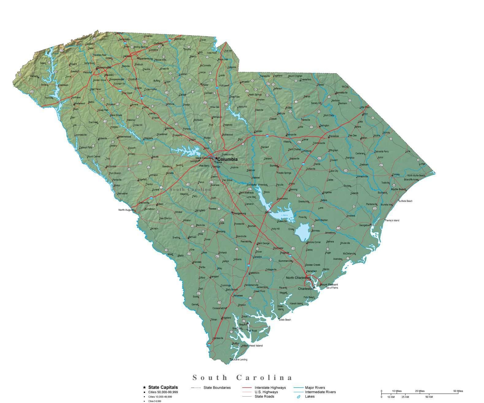 South Carolina Illustrator Vector Map With Cities Roads And Photoshop Terrain Image