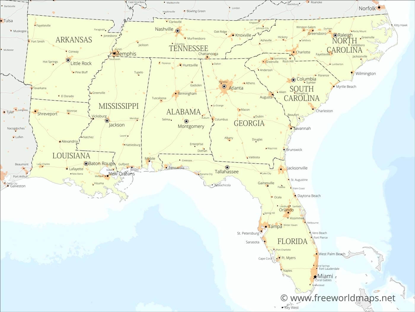 printable map southeast united states