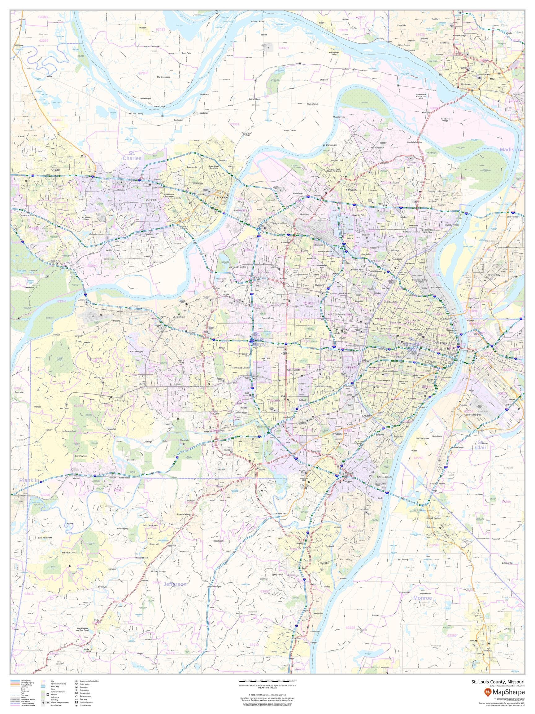St Louis County Missouri ZIP Codes Wall Map