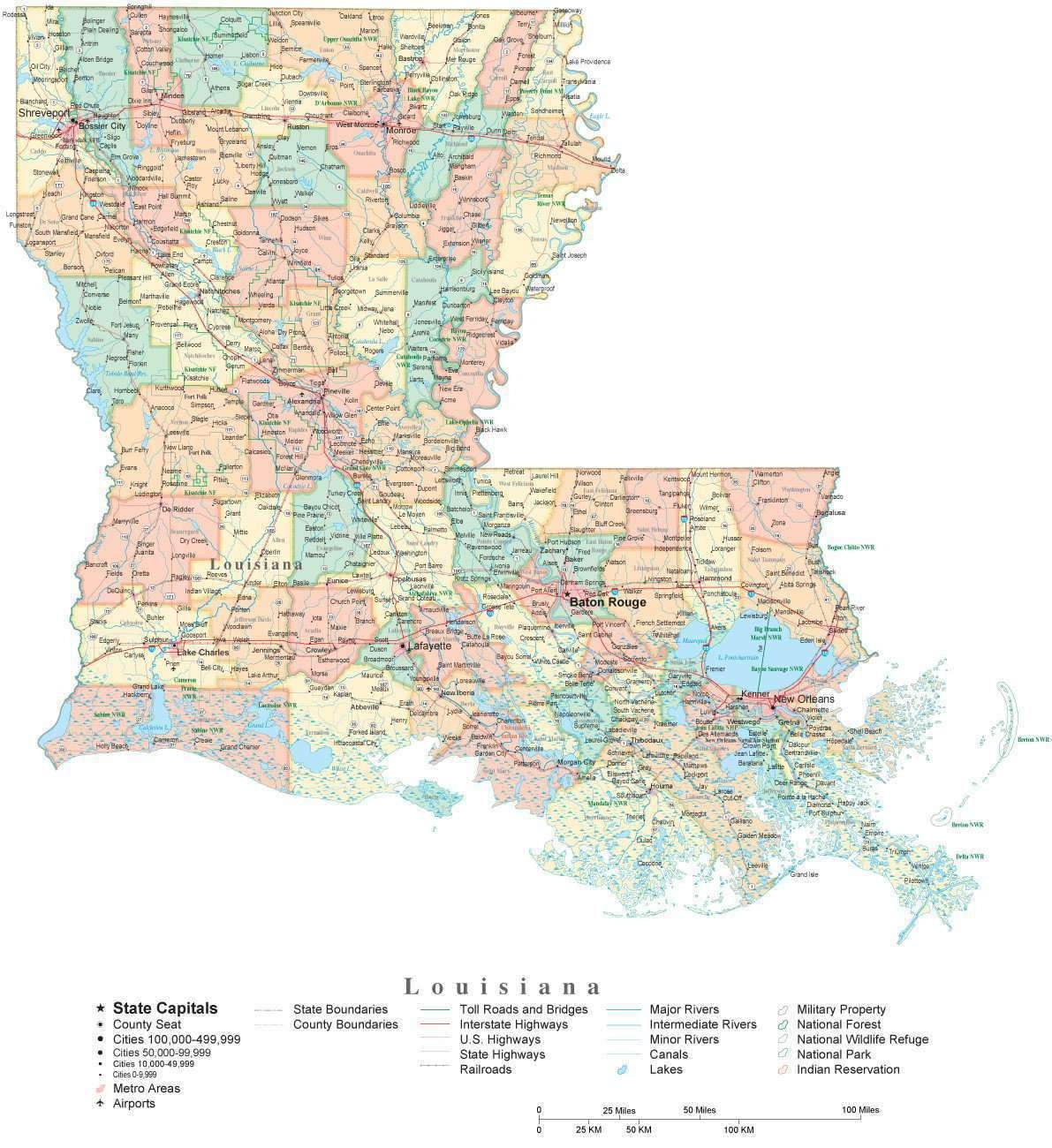 State Map Of Louisiana In Adobe Illustrator Vector Format Detailed Editable Map From Map Resources 