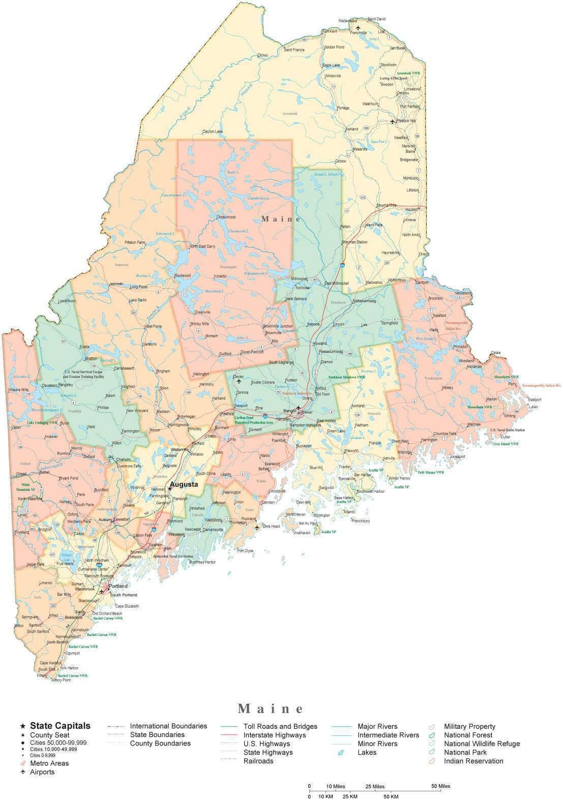 State Map Of Maine In Adobe Illustrator Vector Format Detailed Editable Map From Map Resources 
