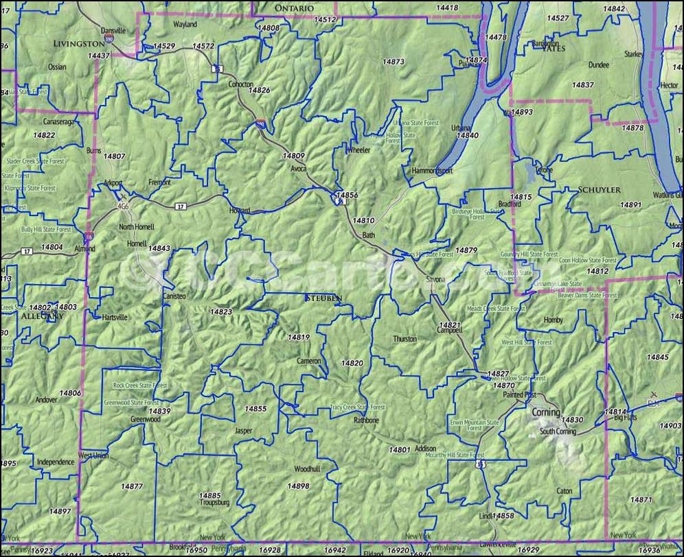 Steuben County NY Zip Map Corning Hornell Bath Addison