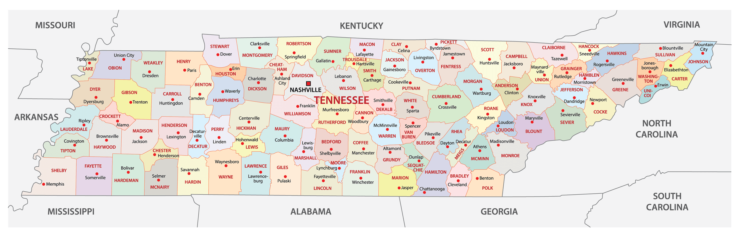 tennessee city map with counties