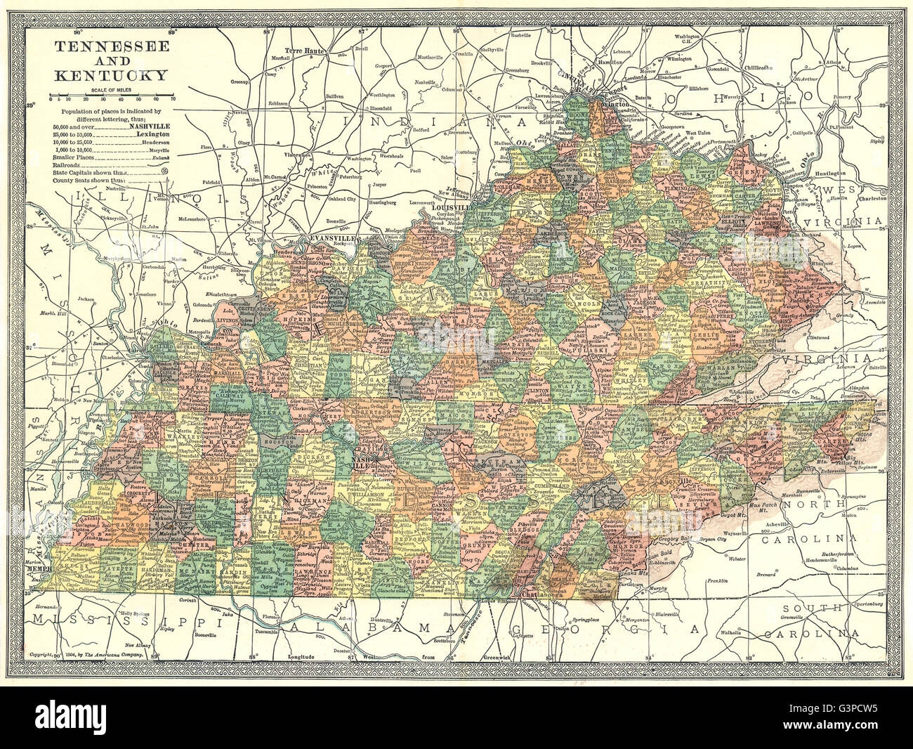 TENNESSEE KENTUCKY State Map Counties 1907 Stock Photo Alamy