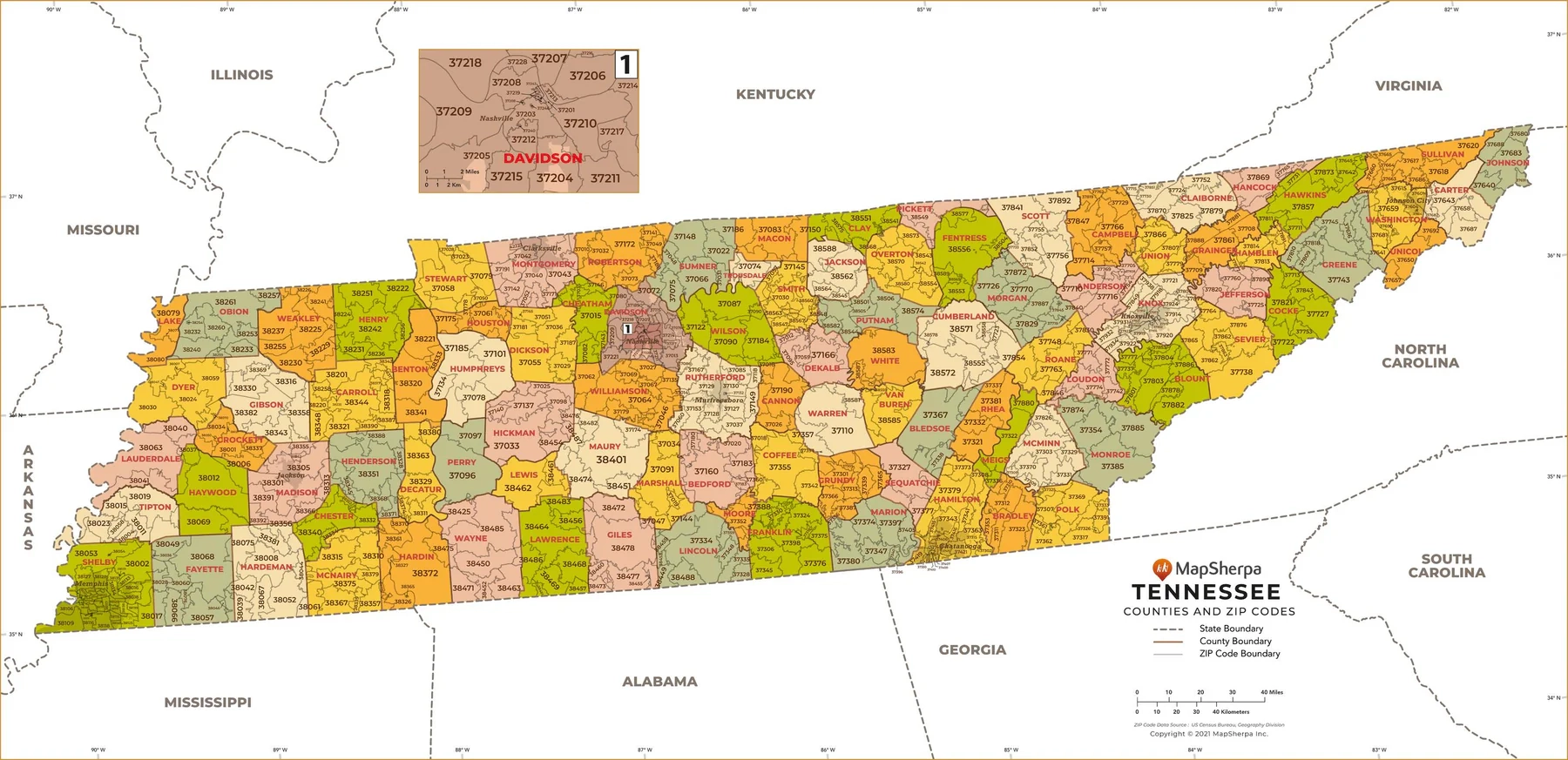 Tennessee Zip Code Map With Counties American Map Store