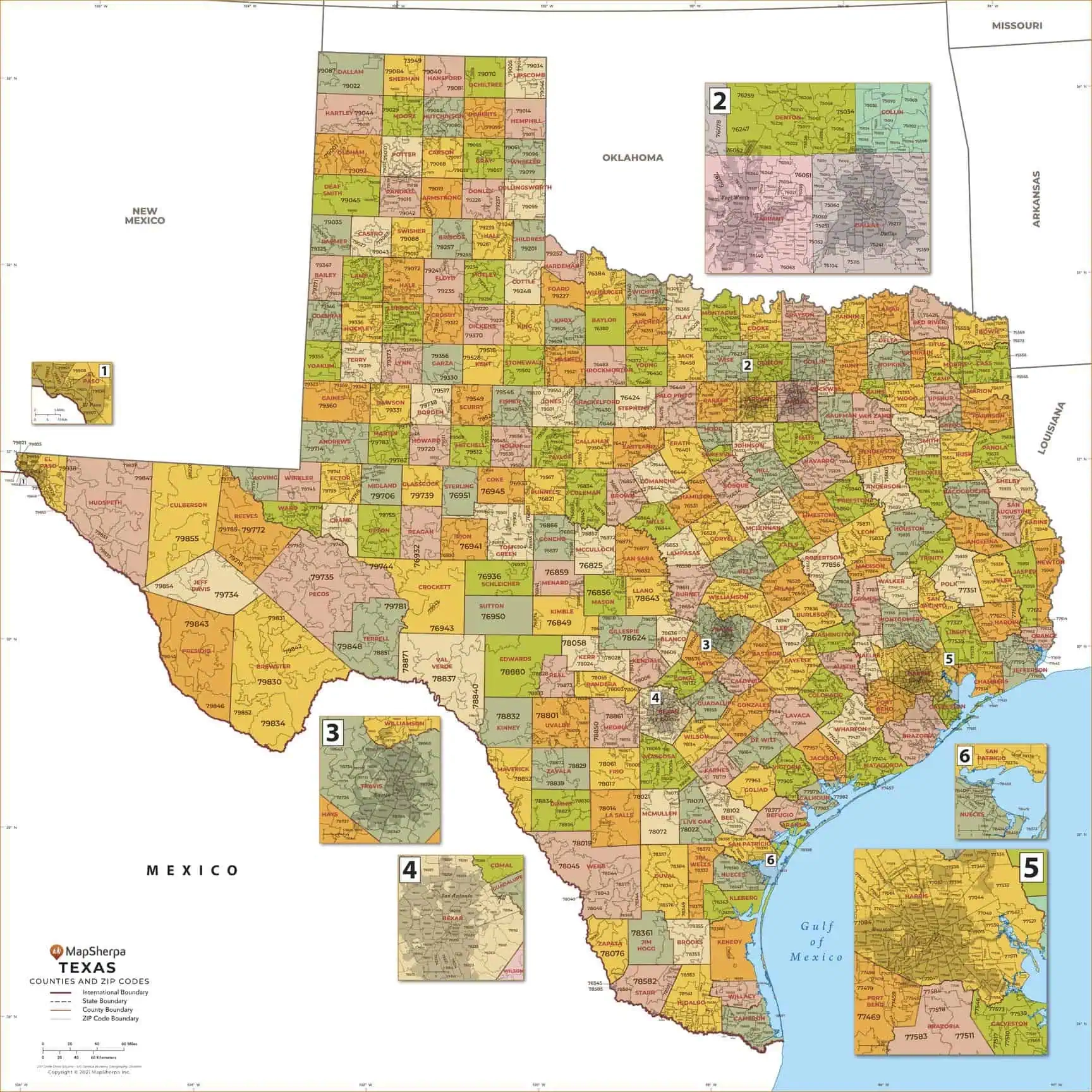 Texas ZIP Code Map With Counties By MapSherpa The Map Shop