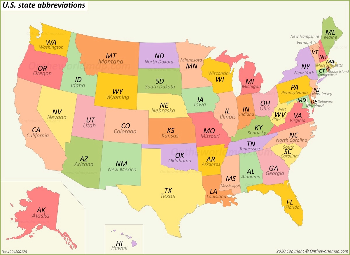 U S State Abbreviations Map Ontheworldmap U S State Abbreviations Map Ontheworldmap