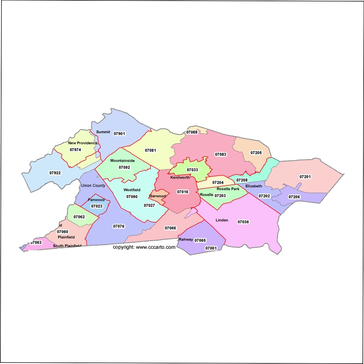 Union County NJ Zip Map Elizabeth Union Plainfield