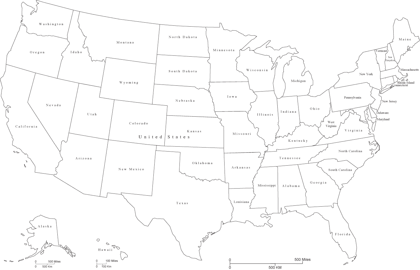 black and white printable map of the united states