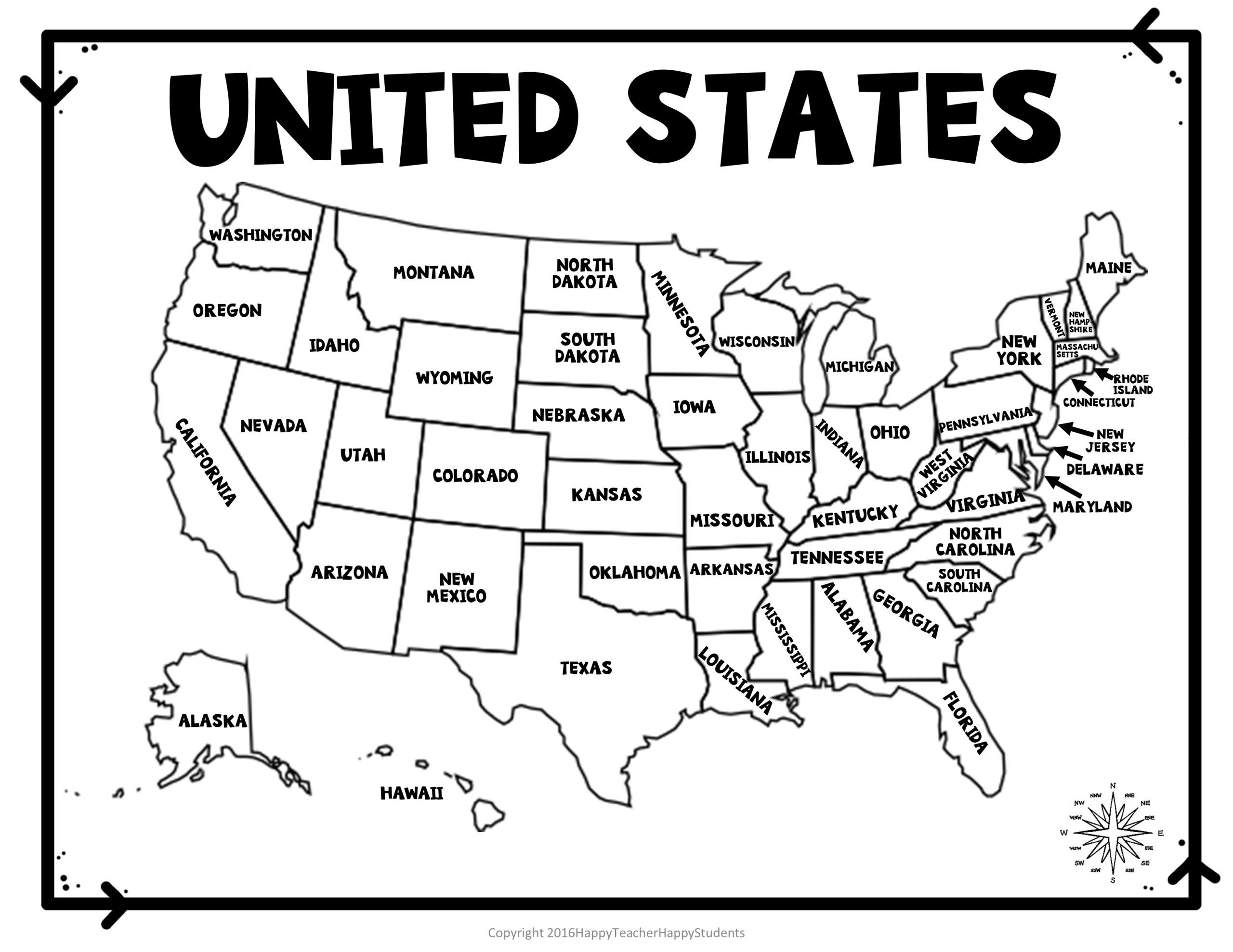 map of us states labeled printable