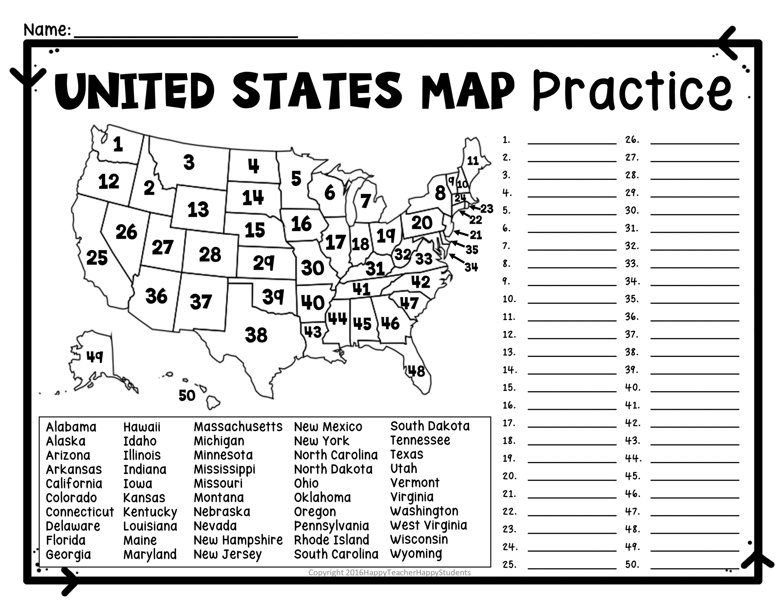 United States Map Quiz Worksheet USA Map Test W Practice Sheet US Map Quiz Made By Teachers