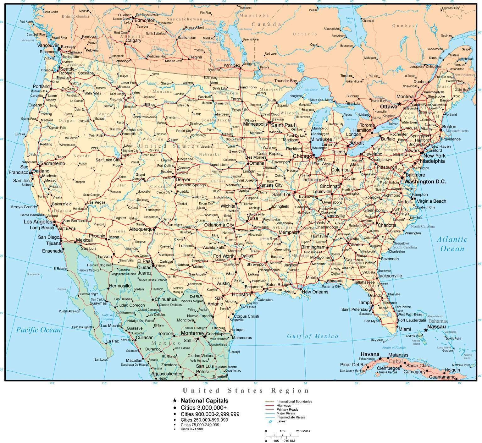 United States Map With US States Capitals Major Cities Roads