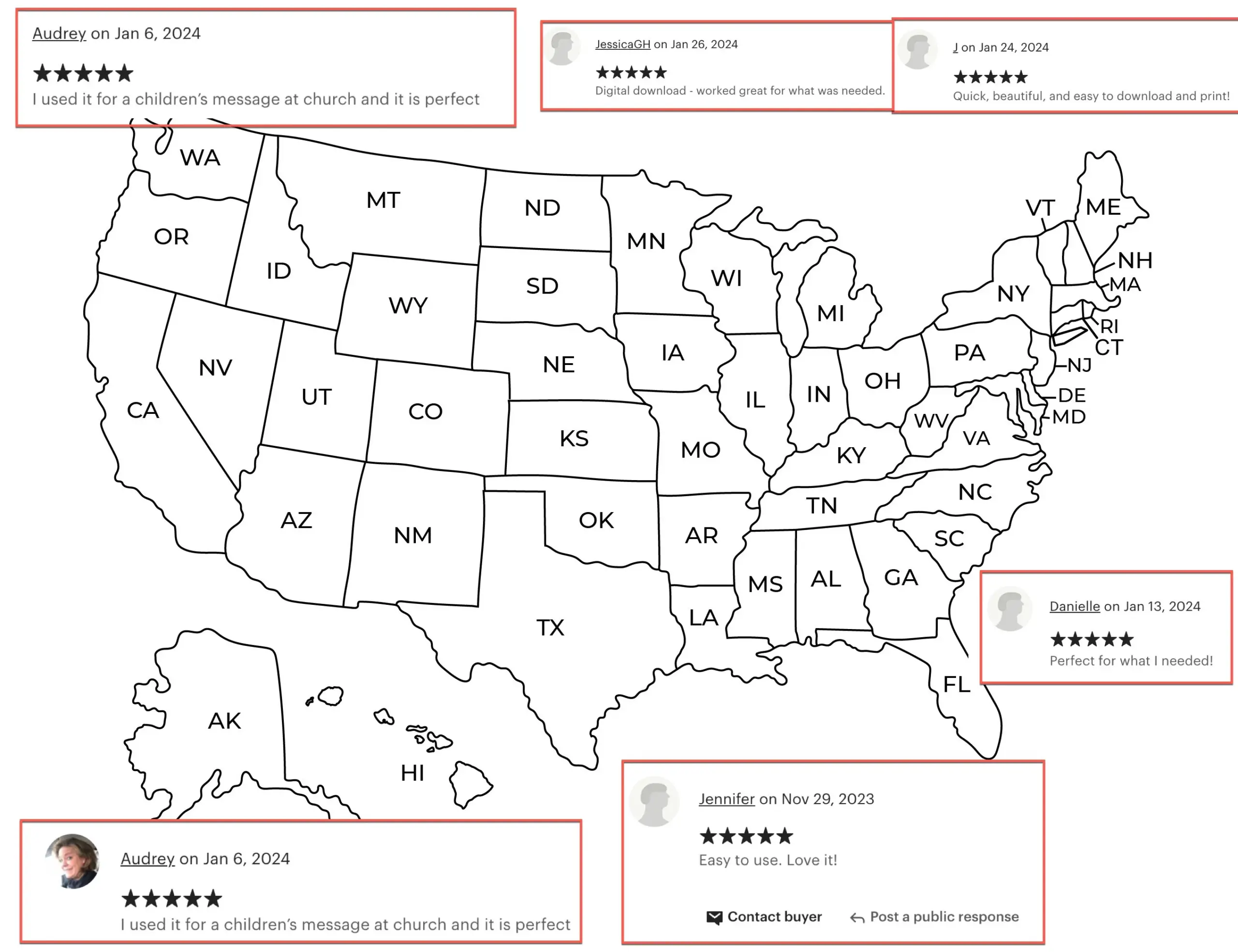 United States USA Map With States Labeled Printable Black And White Etsy