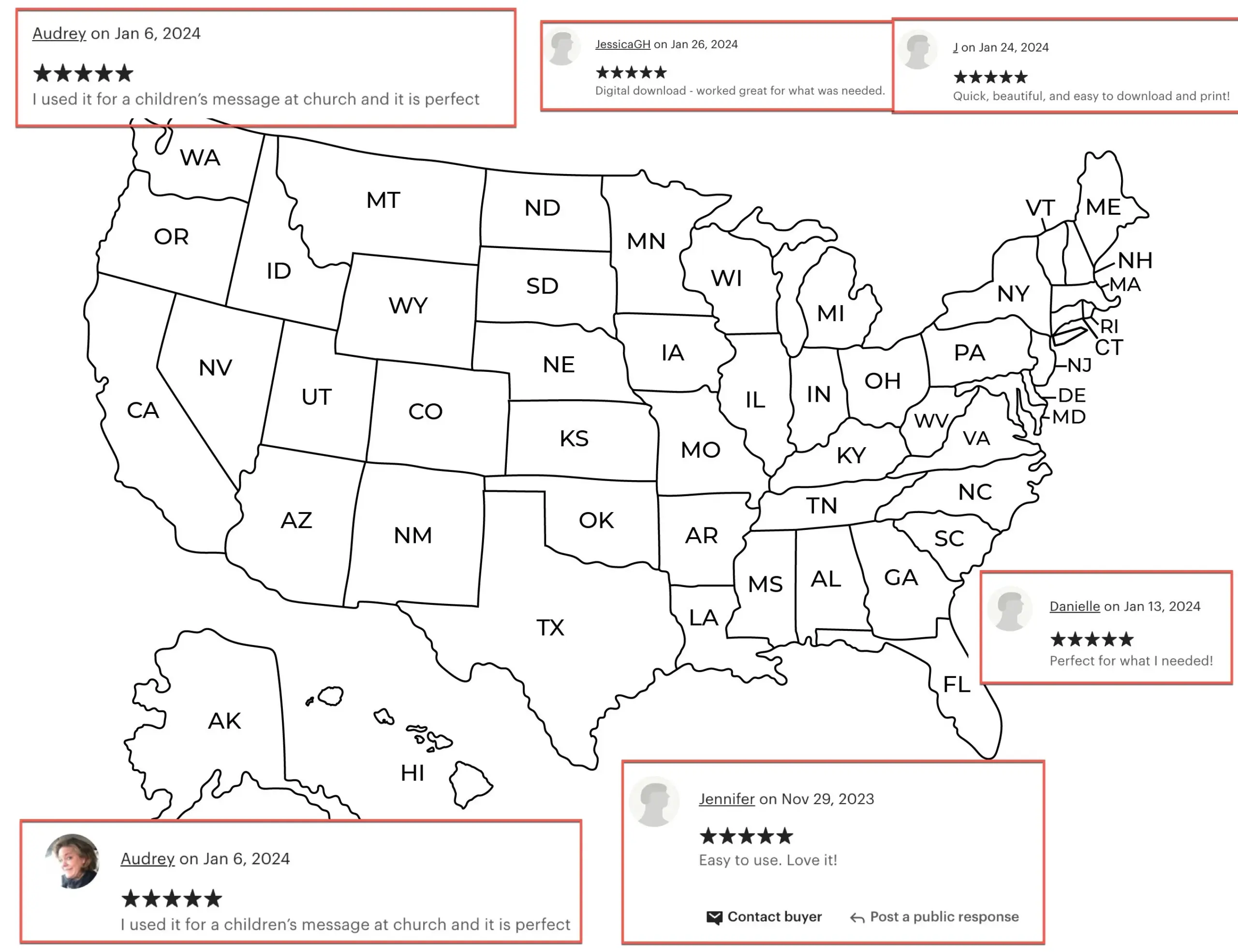 United States USA Map With States Labeled Printable Black And White Etsy