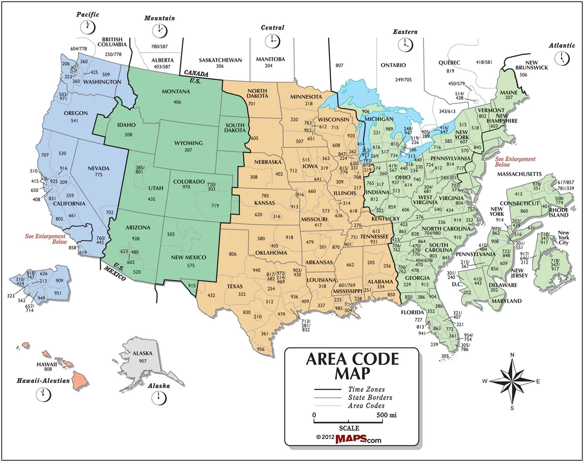 USA Area Code And Time Zone Wall Map MAD MAPS