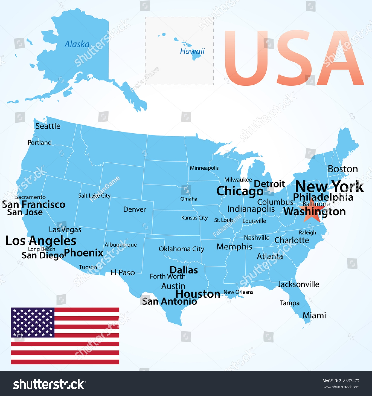 Usa Map Largest Cities Carefully Scaled Stock Vector Royalty Free 218333479 Shutterstock