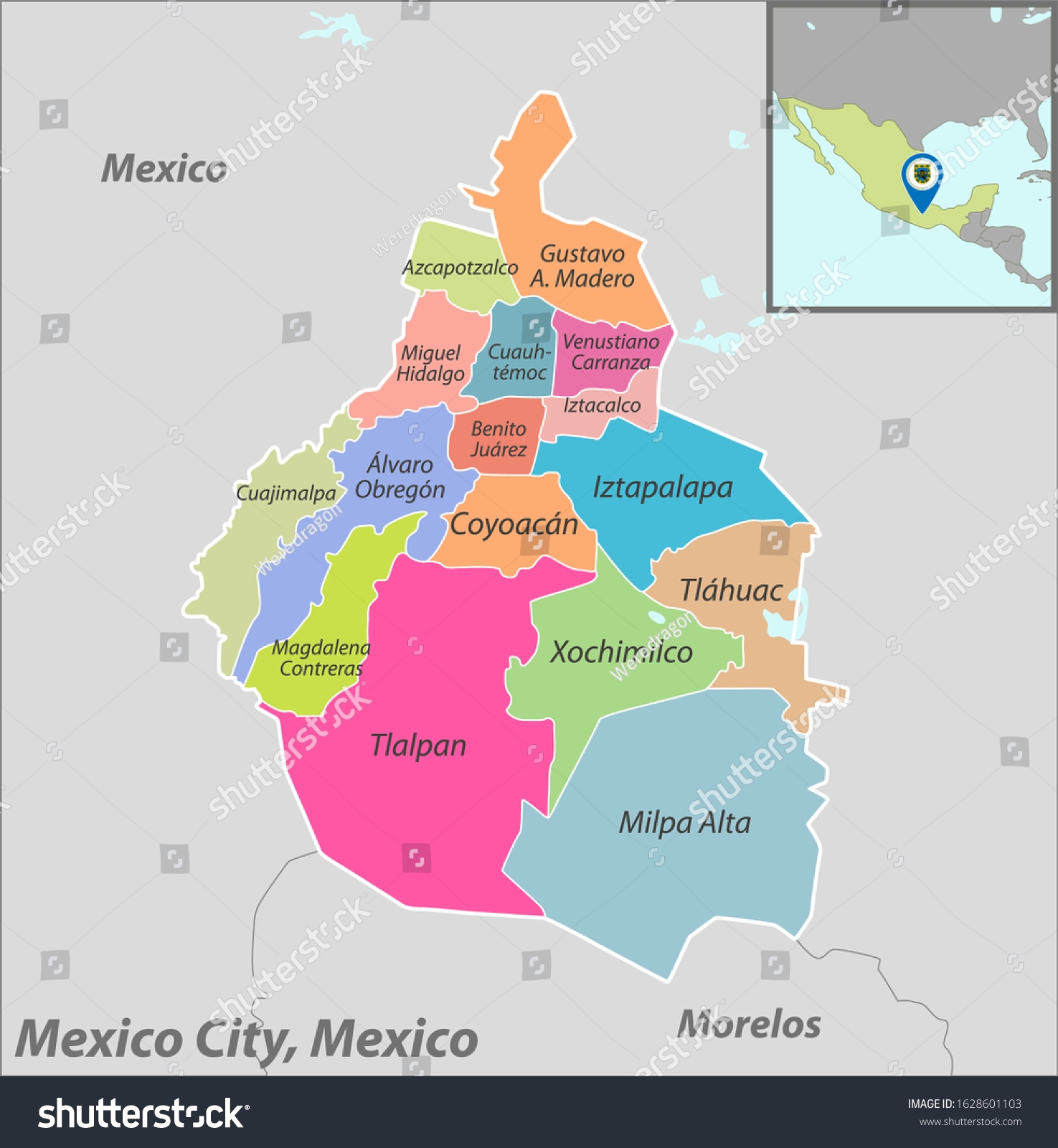 Vector Map Mexico City Neighbouring Districts Stock Vector Royalty Free 1628601103 Shutterstock