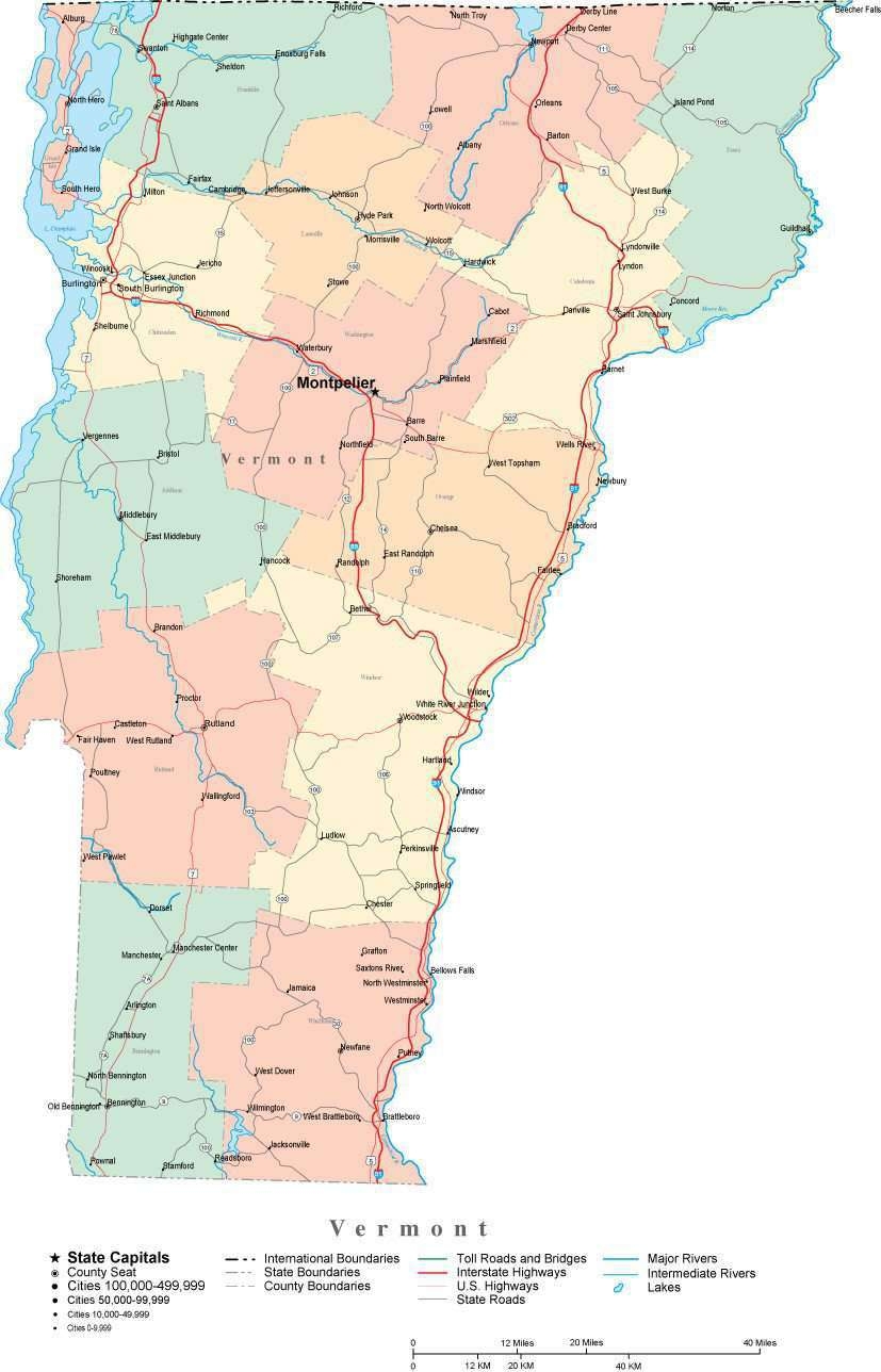 Vermont Digital Vector Map With Counties Major Cities Roads Rivers Lakes