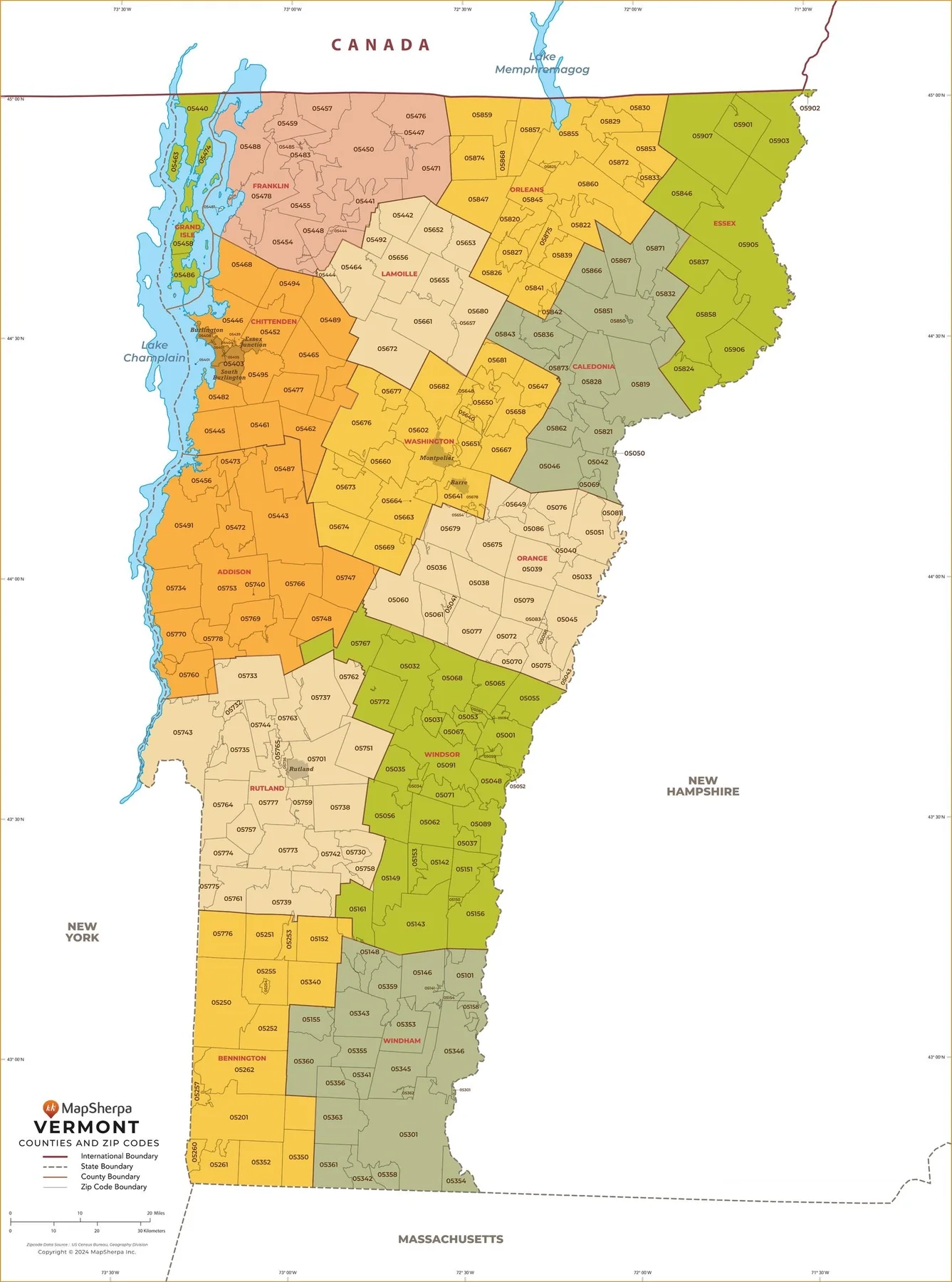 Vermont Zip Code Map With Counties American Map Store Vermont Zip Code Map With Counties American Map Store
